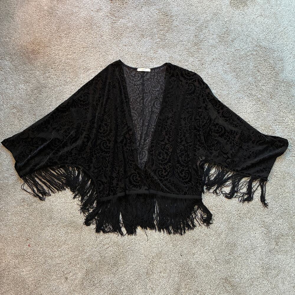 Black Burnout Velvet Open Front Kimono Cardigan Jacket with Fringe Hem Size M